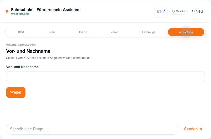 Echtes Nova Interface: Online-Anmeldung mit Namensfeld in Orange