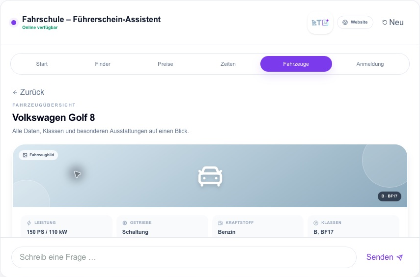 Echtes Nova Interface: Fahrzeugdetail Volkswagen Golf 8 in Violett