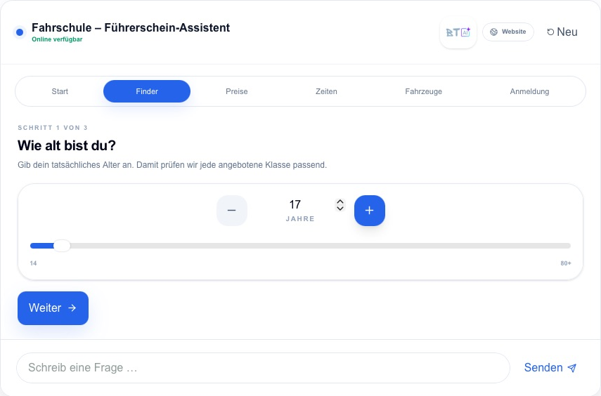 Echtes Nova Interface: Einstieg in den Führerschein-Finder