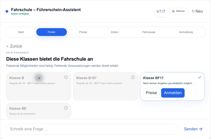 Echtes Nova Interface: Führerschein-Finder mit Ergebnis für BF17